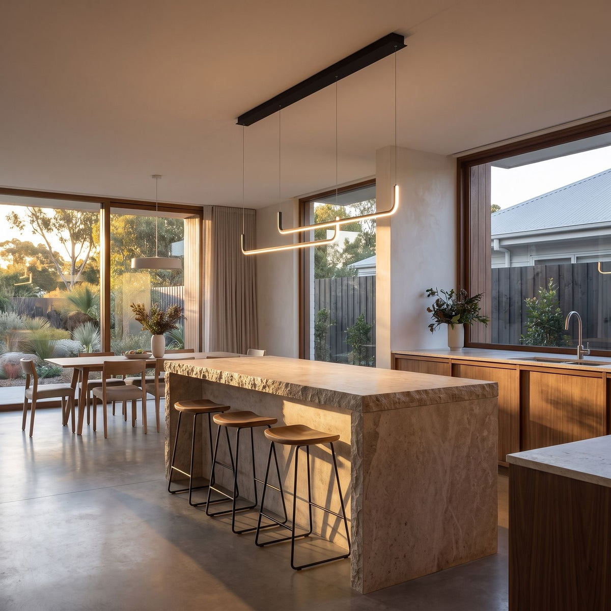 Double U-bar linear LED pendant light in a wide open-plan kitchen view