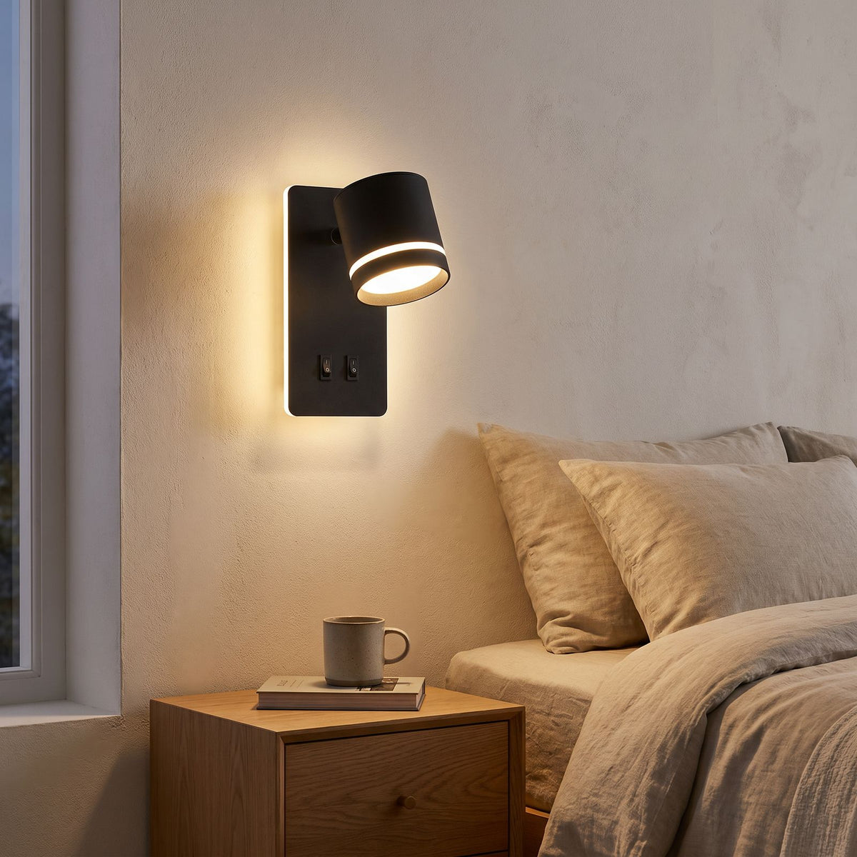 Dual Switch Backlit Spotlight Bedside Wall Light beside a bed