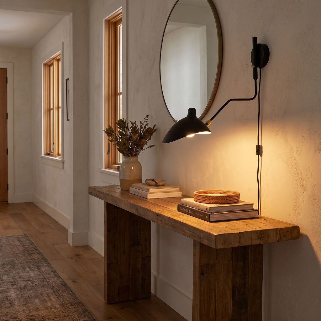 Duckbill Shade Adjustable Arm Wall Light in a hallway above a timber console