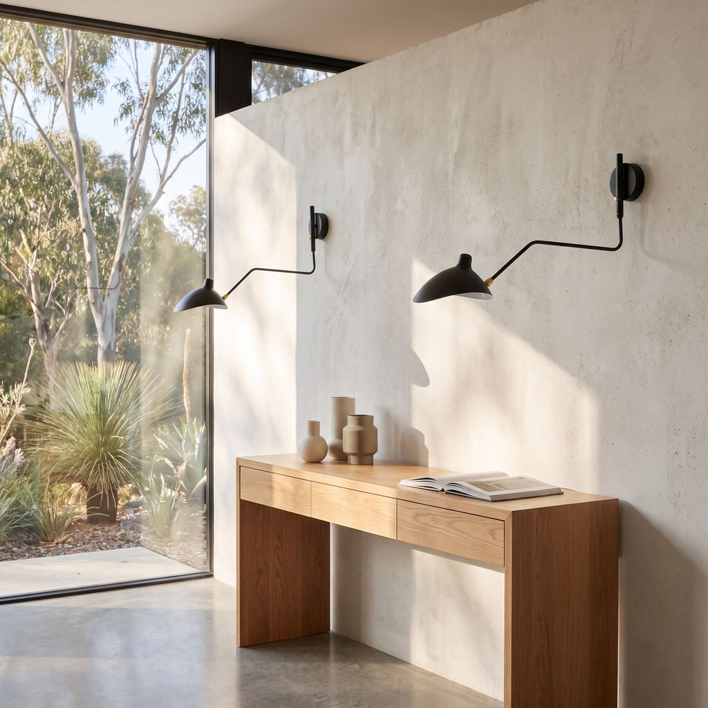 Duckbill Shade Adjustable Arm Wall Light in a pair on a wall of an Australian home