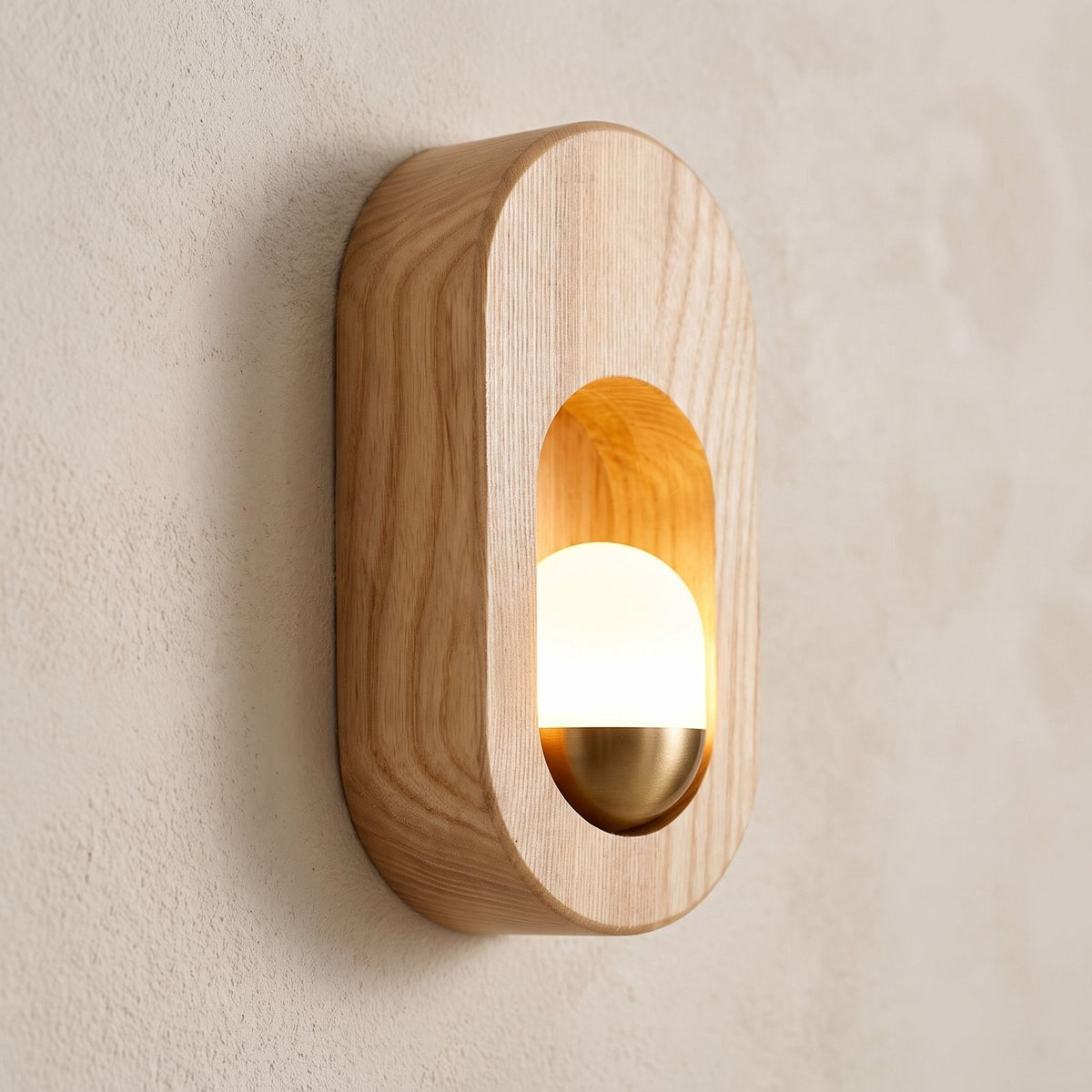 Egg-Shaped Wood and Acrylic Wall Light, close view at 45 degrees on a plaster wall