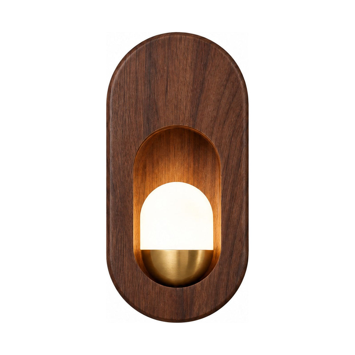 Egg-Shaped Wood and Acrylic Wall Light in Walnut Wood on a white background