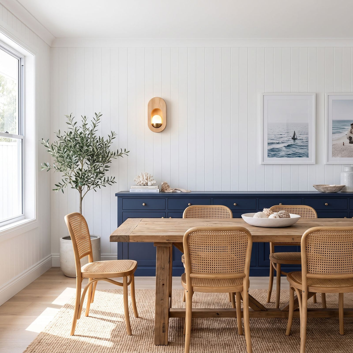 Egg-Shaped Wood and Acrylic Wall Light on a dining room wall