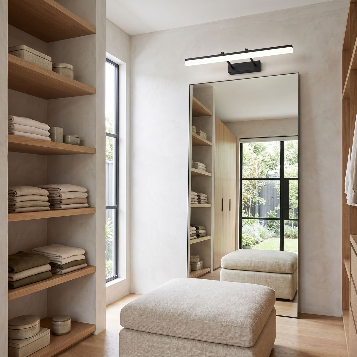 Extendable Dual Rod Stainless Steel LED Vanity Wall Light above a full-length mirror in a walk-in robe