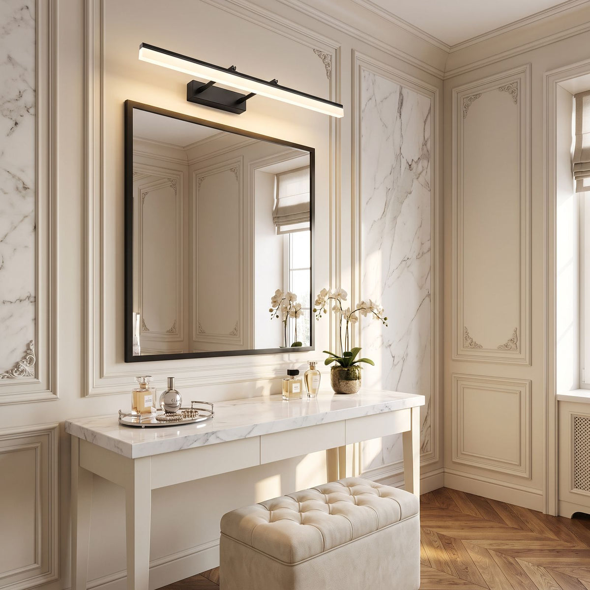 Extendable Dual Rod Stainless Steel LED Vanity Wall Light 80 cm above a dressing table