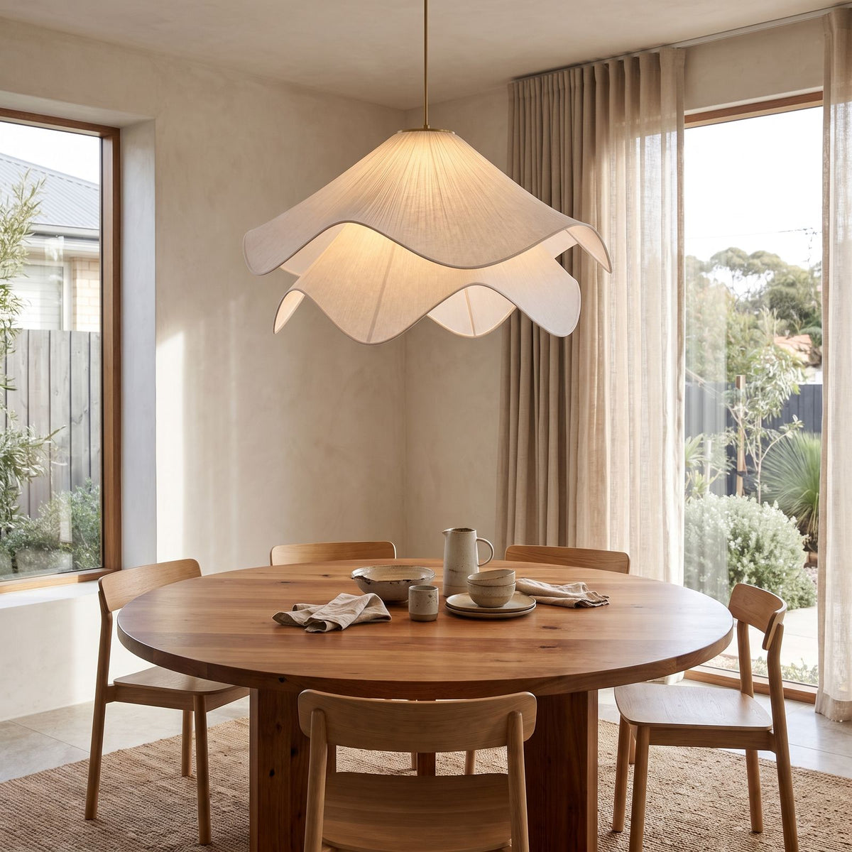 Fabric Petal Japandi Pendant Light above a round table in a breakfast nook