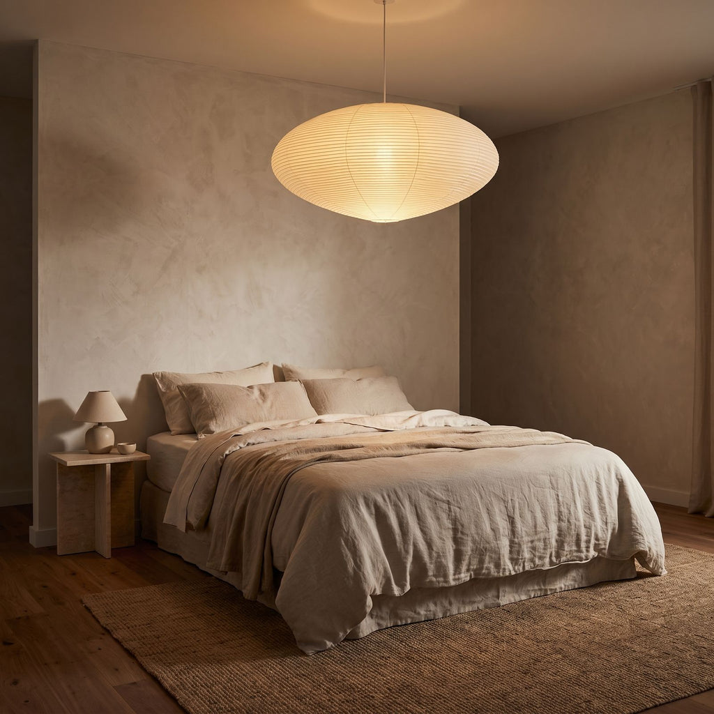 Faceted Mulberry Paper Pendant Light centred above a bed