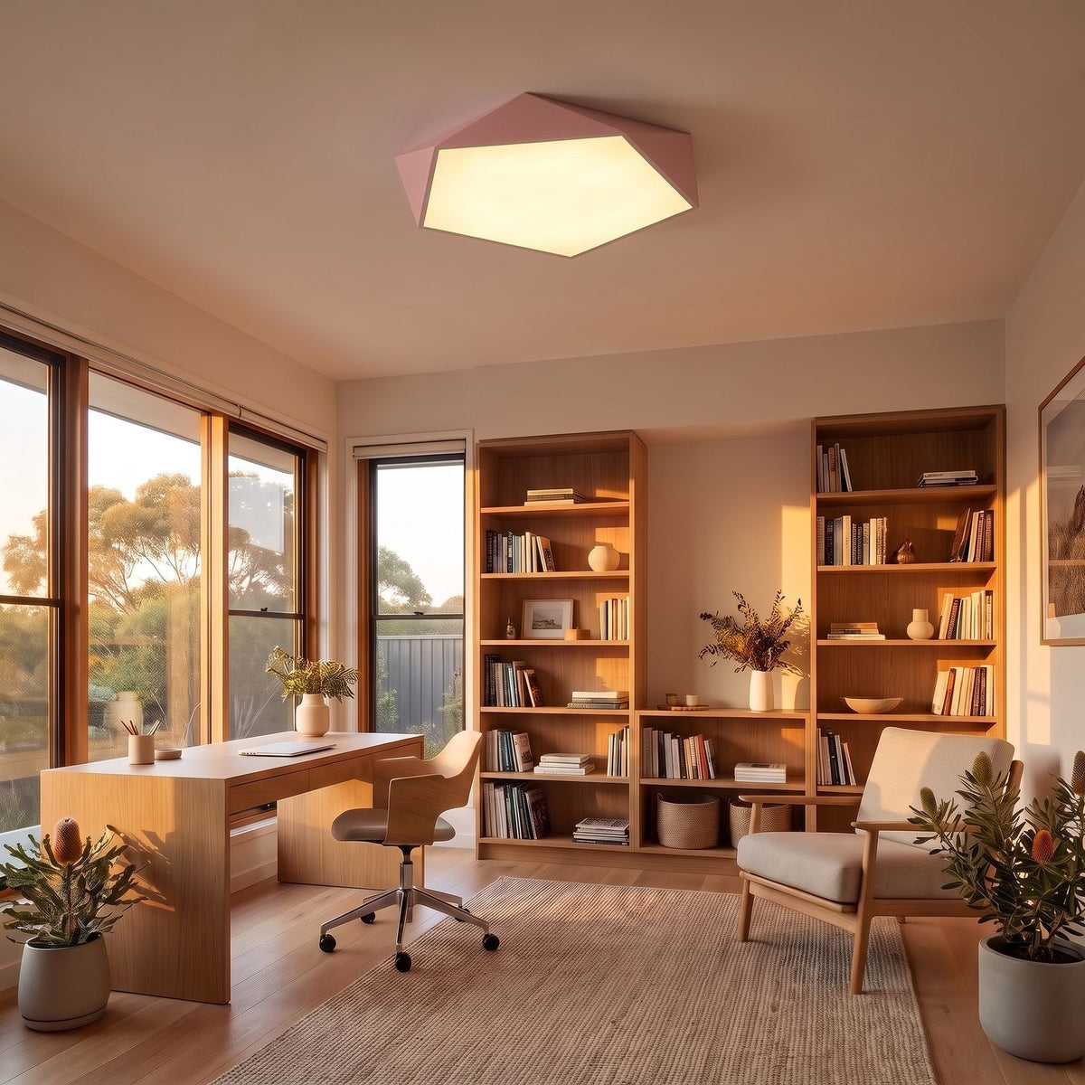 Faceted Pentagon LED Ceiling Light in pink on a bedroom ceiling