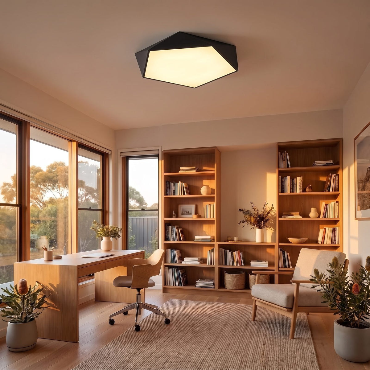 Faceted Pentagon LED Ceiling Light in black on a bedroom ceiling