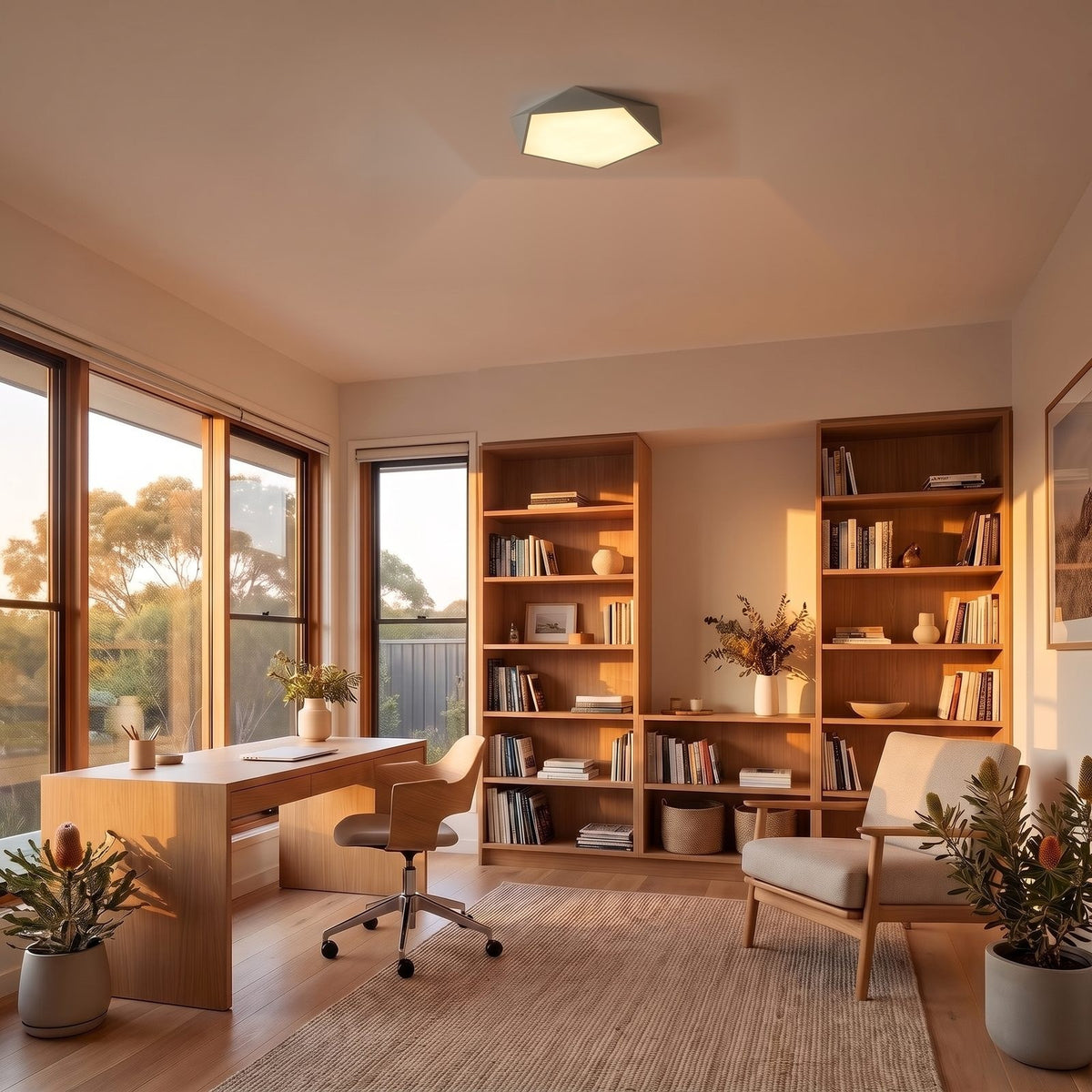 Faceted Pentagon LED Ceiling Light in grey on a bedroom ceiling