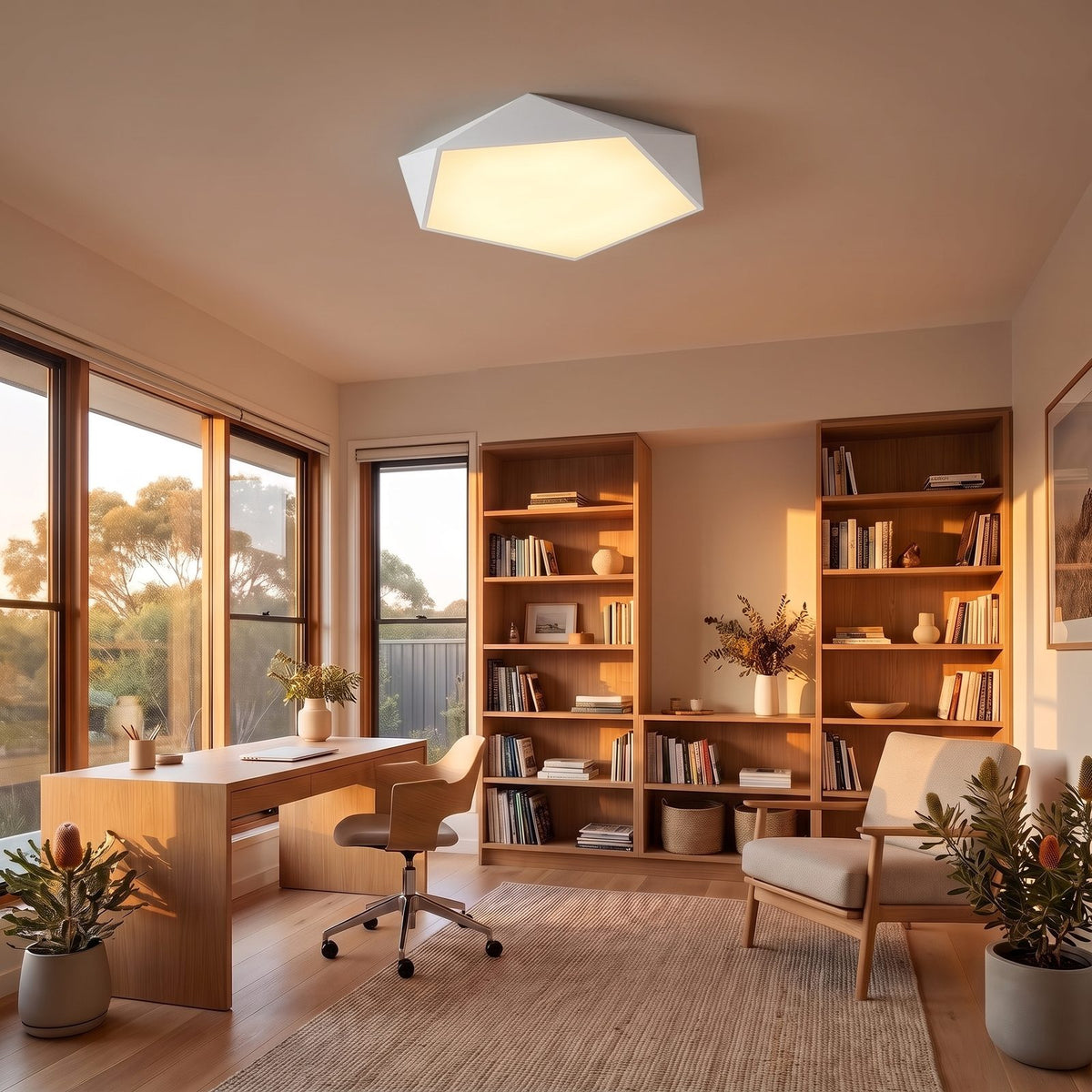 Faceted Pentagon LED Ceiling Light in white on a bedroom ceiling