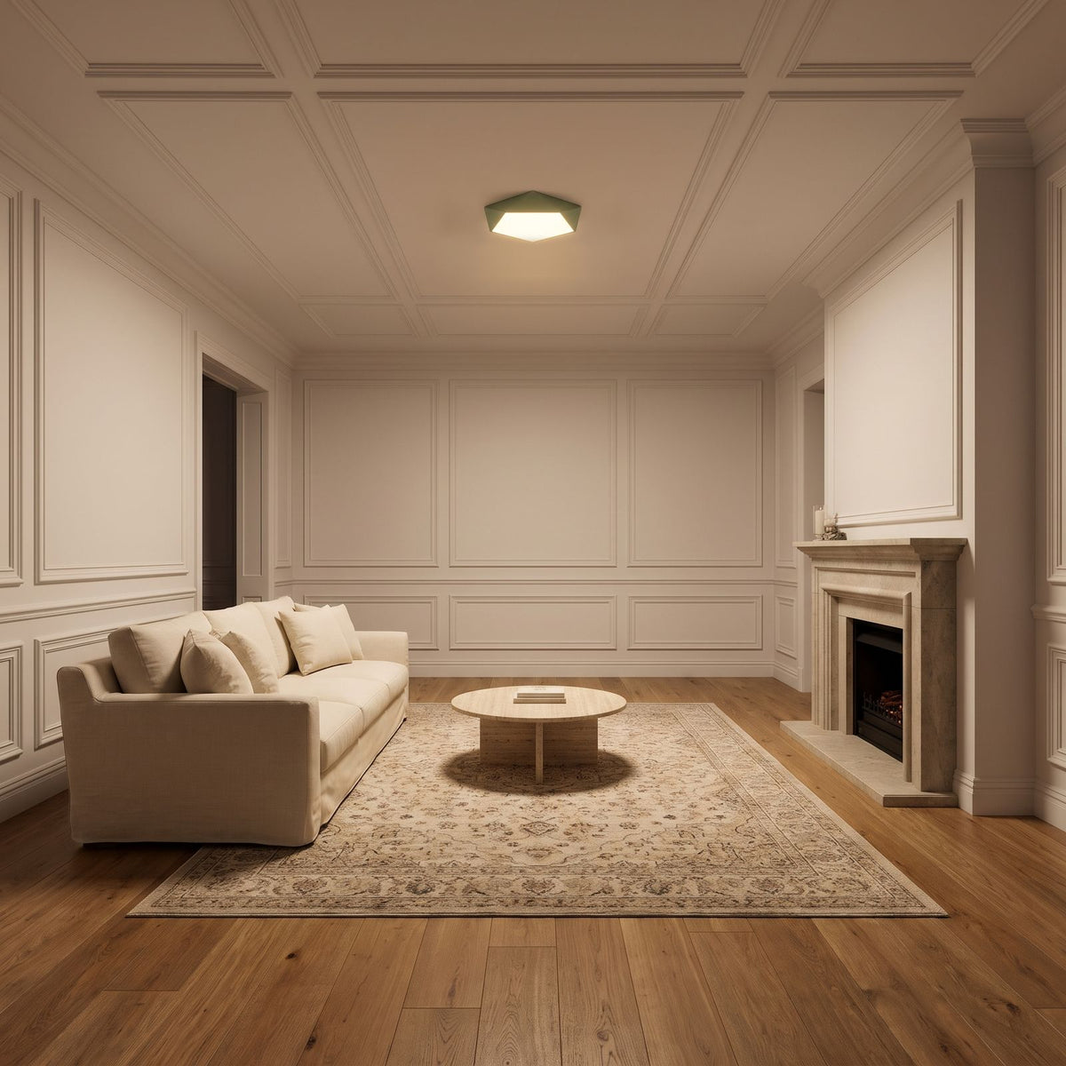 Faceted Pentagon LED Ceiling Light in green on the panelled ceiling of a classic living room with a stone fireplace in the evening
