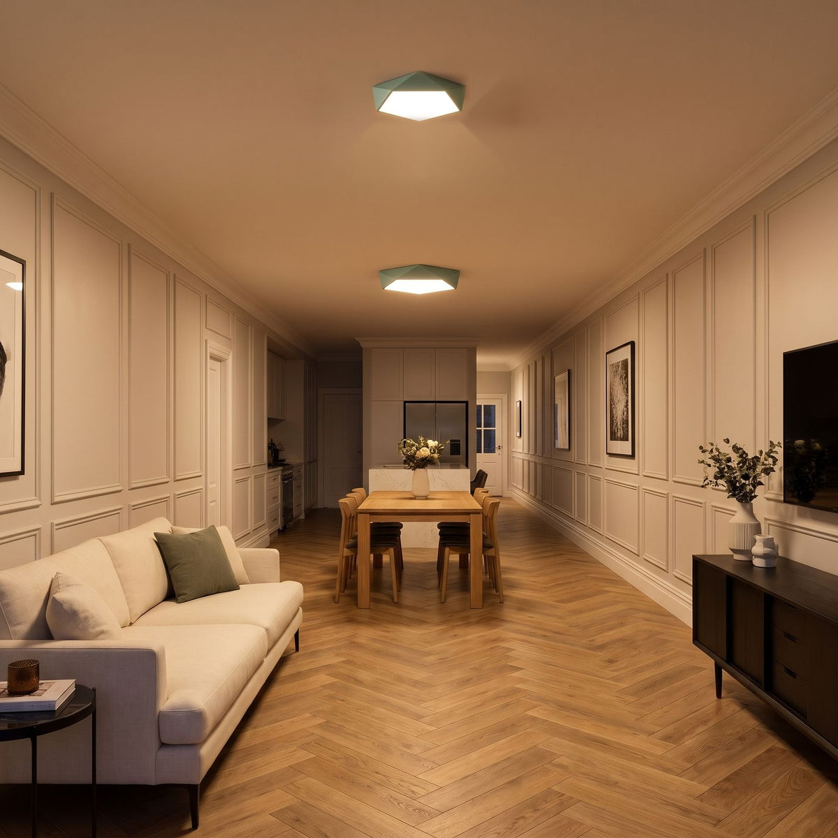 Two green Faceted Pentagon LED Ceiling Lights in a long classic living and dining room, one above the sofa and one above the dining table