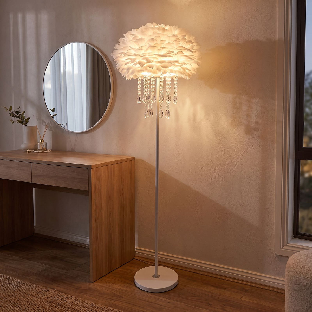 Feather shade crystal drop floor lamp beside a dressing table in a bedroom