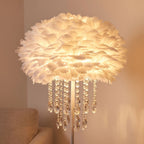 Close-up of the white feather shade and crystal drops
