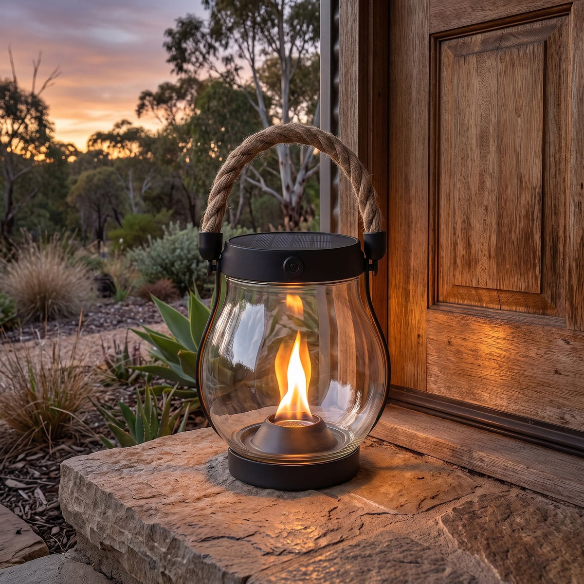 Flame effect jar solar lantern on a front door step
