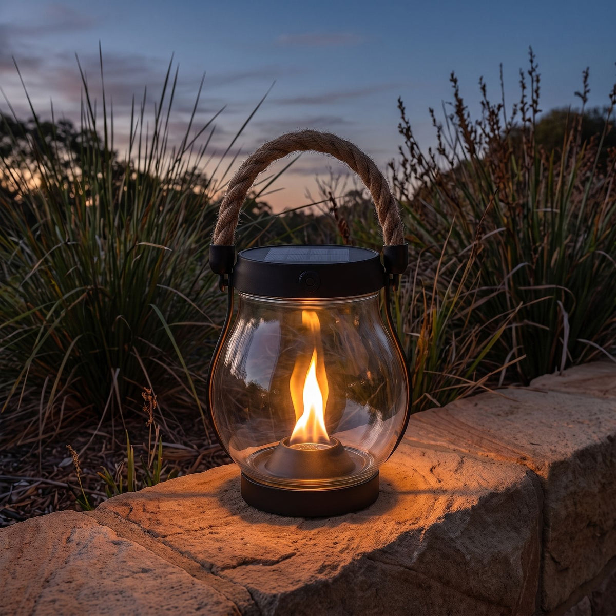 Flame effect jar solar lantern on a sandstone garden wall