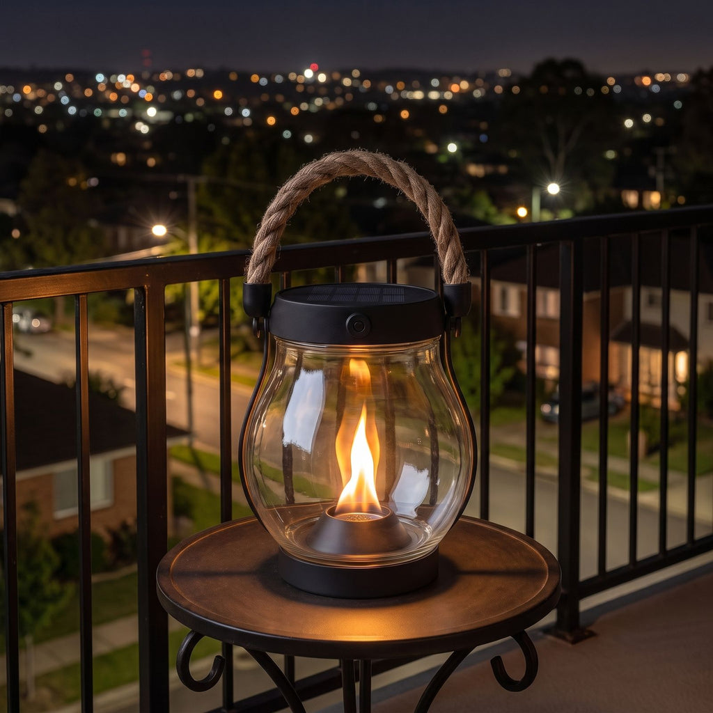 Flame effect jar solar lantern on a balcony side table at night