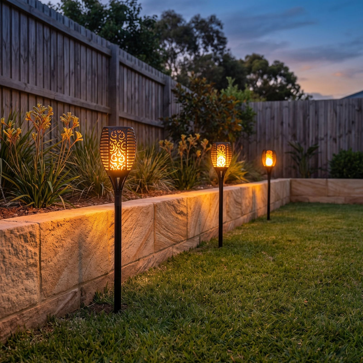 Flame effect solar garden torch along a lawn edge and retaining wall