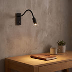 Flexible gooseneck reading wall light above a home office desk