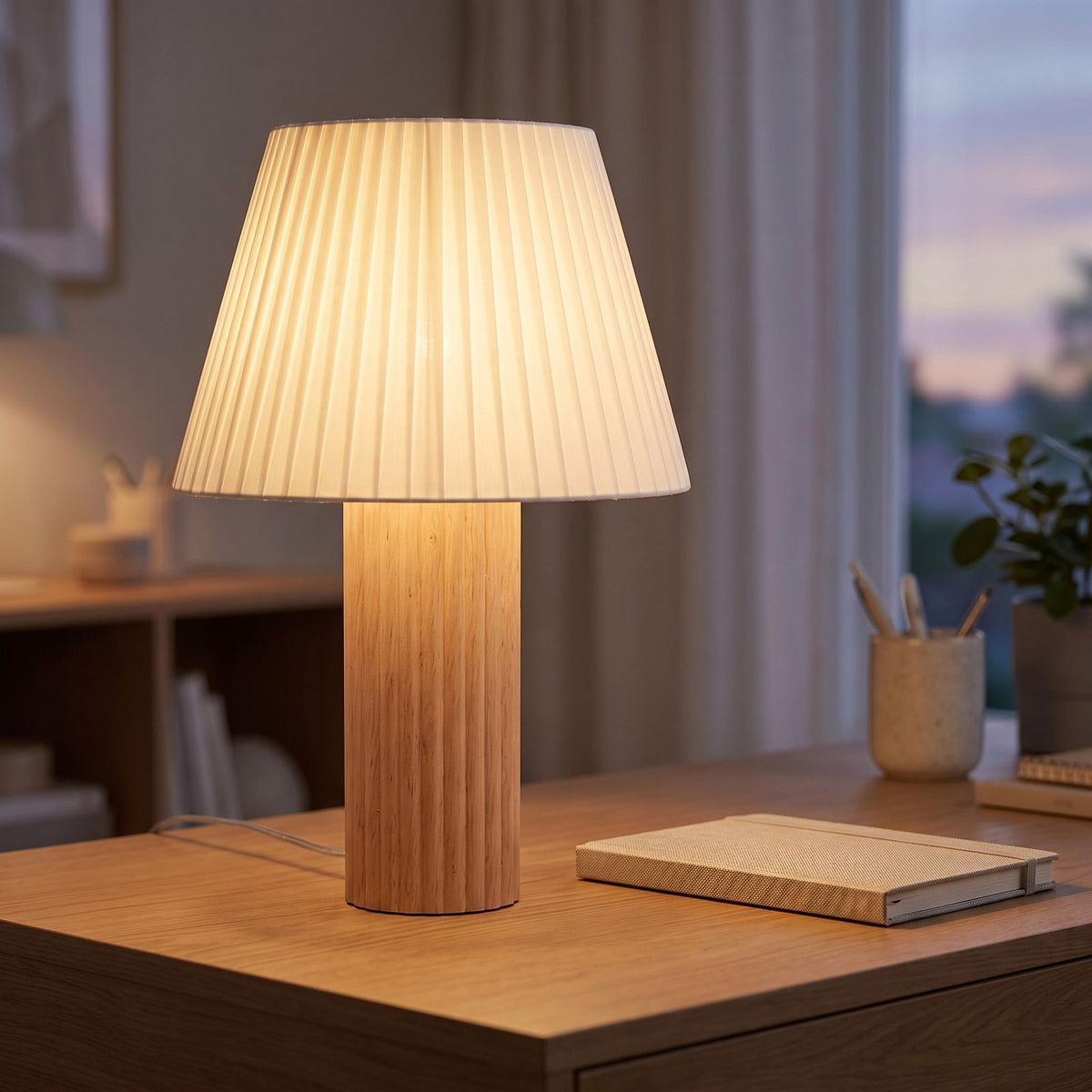 Fluted wood pleated shade table lamp on a home office desk