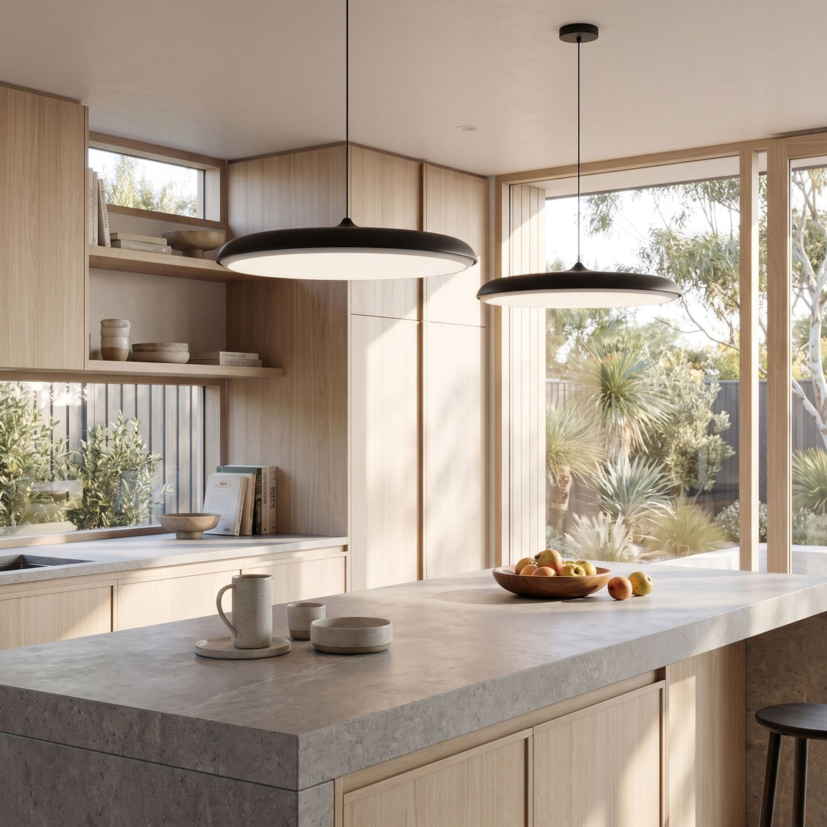 Flying Saucer LED Pendant Light in a pair over a stone kitchen island