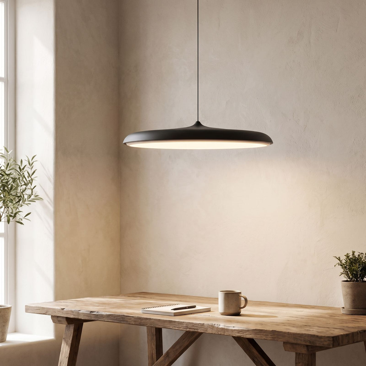 Flying Saucer LED Pendant Light above a desk in a home office