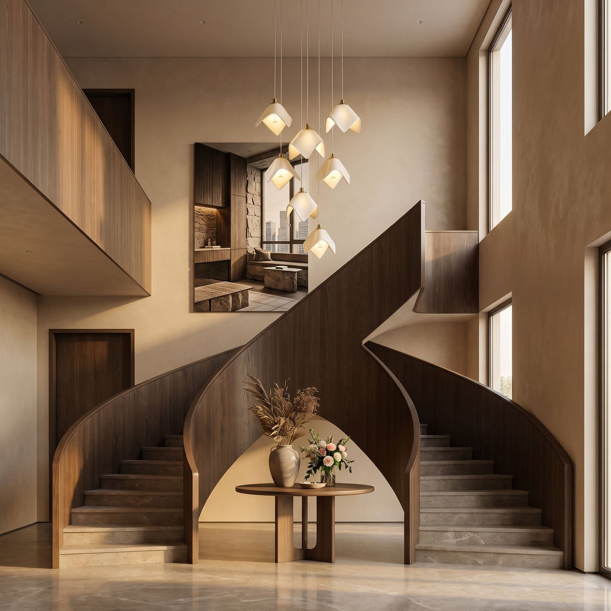 Folded Ceramic Petal Cluster Chandelier in a double-height entry foyer