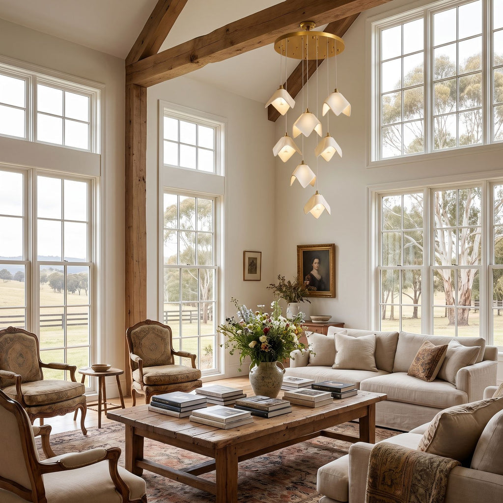 Folded Ceramic Petal Cluster Chandelier in a double-height living room in daylight