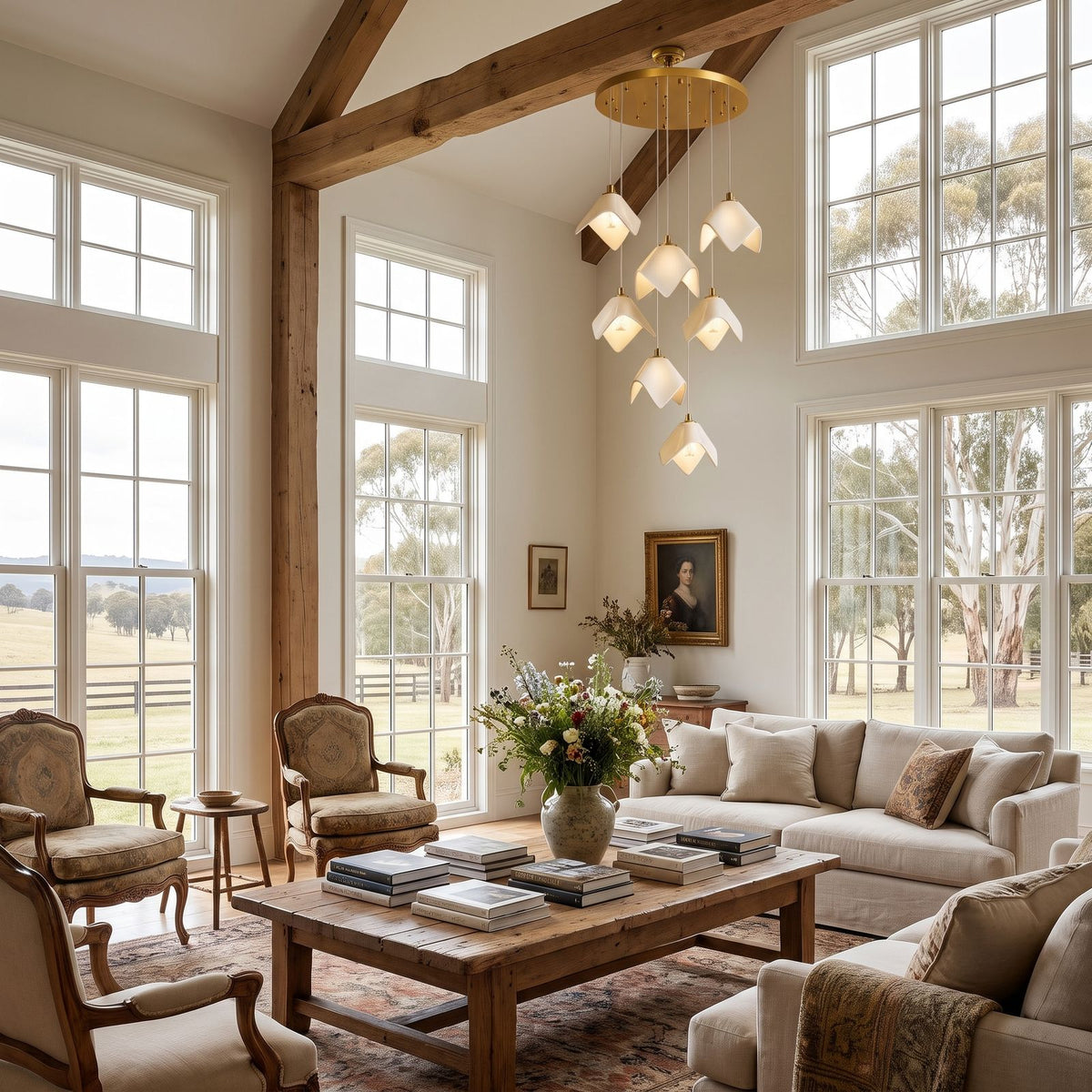 Folded Ceramic Petal Cluster Chandelier in a double-height living room in daylight