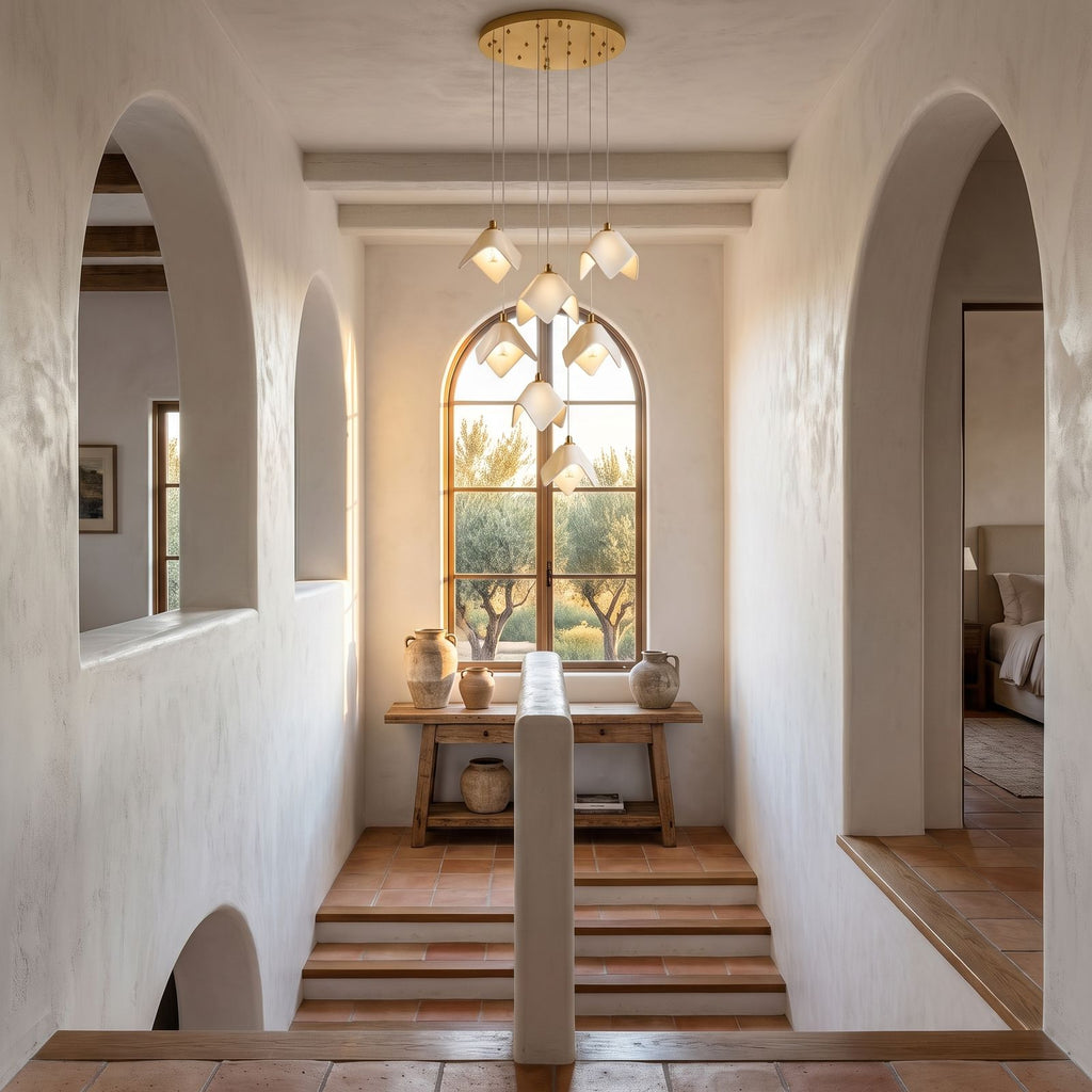 Folded Ceramic Petal Cluster Chandelier in a stairwell, wide view