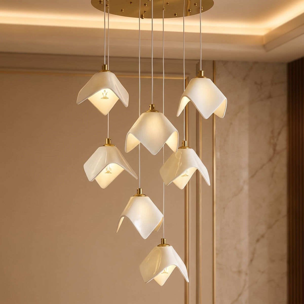 Folded Ceramic Petal Cluster Chandelier: close-up of the materials and finish