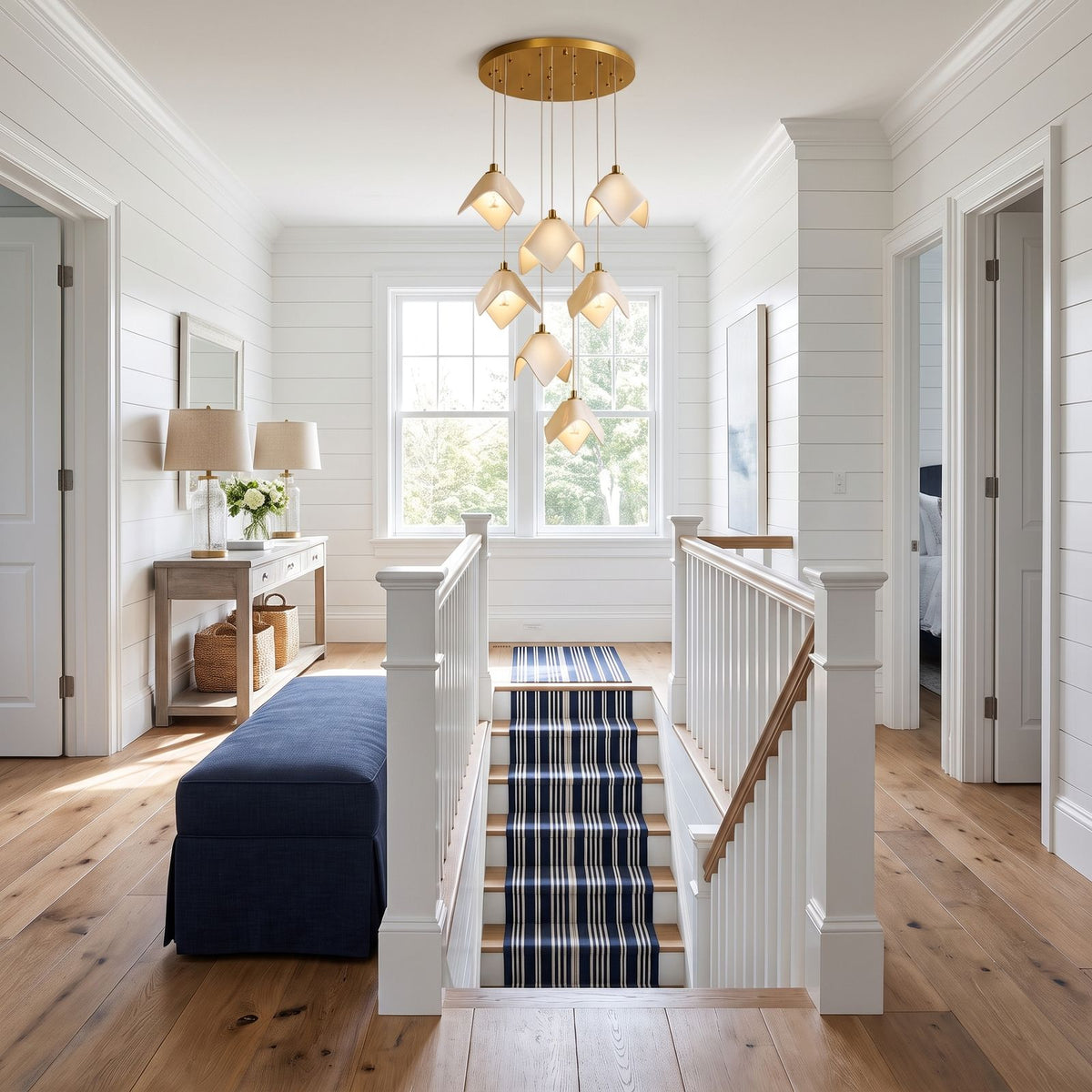 Folded Ceramic Petal Cluster Chandelier, 10 lights, stairwell landing