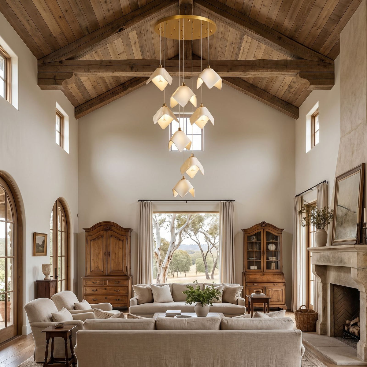 Folded Ceramic Petal Cluster Chandelier, 16 lights, double-height great room