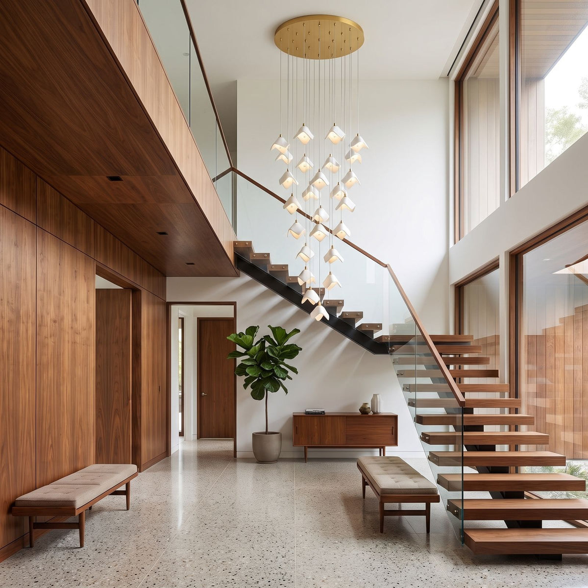 Folded Ceramic Petal Cluster Chandelier, 22 lights, double-height entry with a floating staircase