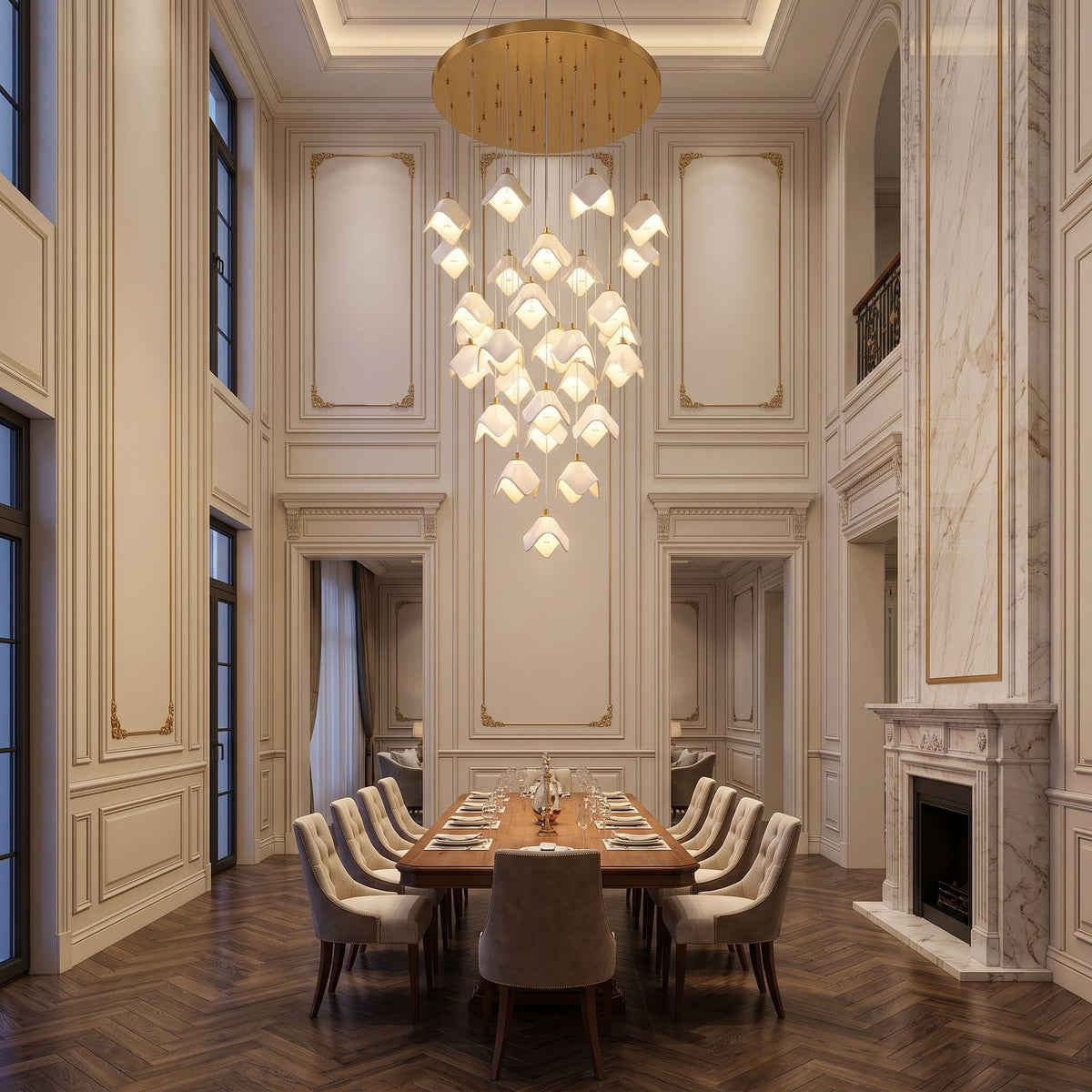 Folded Ceramic Petal Cluster Chandelier, 28 lights, double-height formal dining room