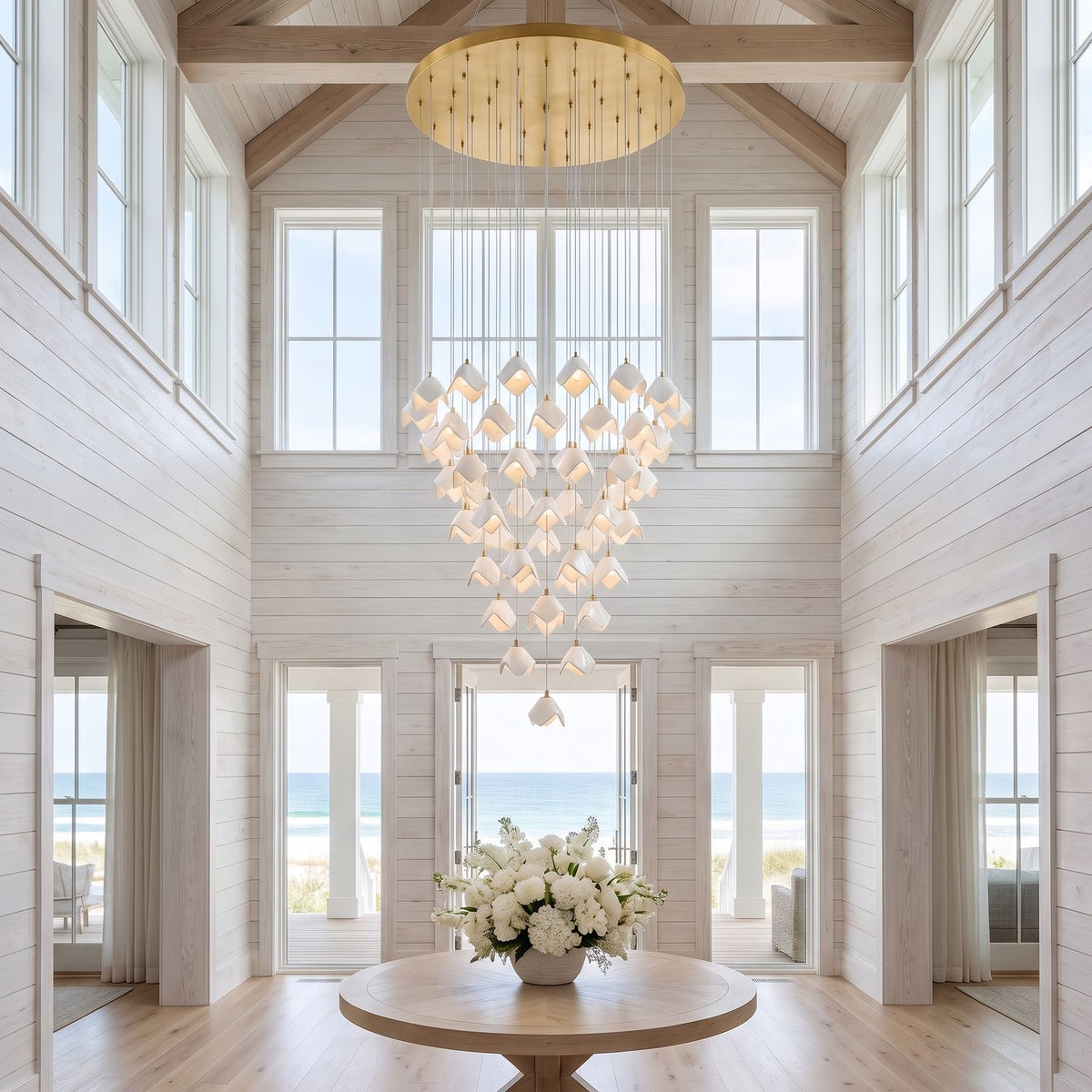 Folded Ceramic Petal Cluster Chandelier, 64 lights, grand double-height lobby of a beach house
