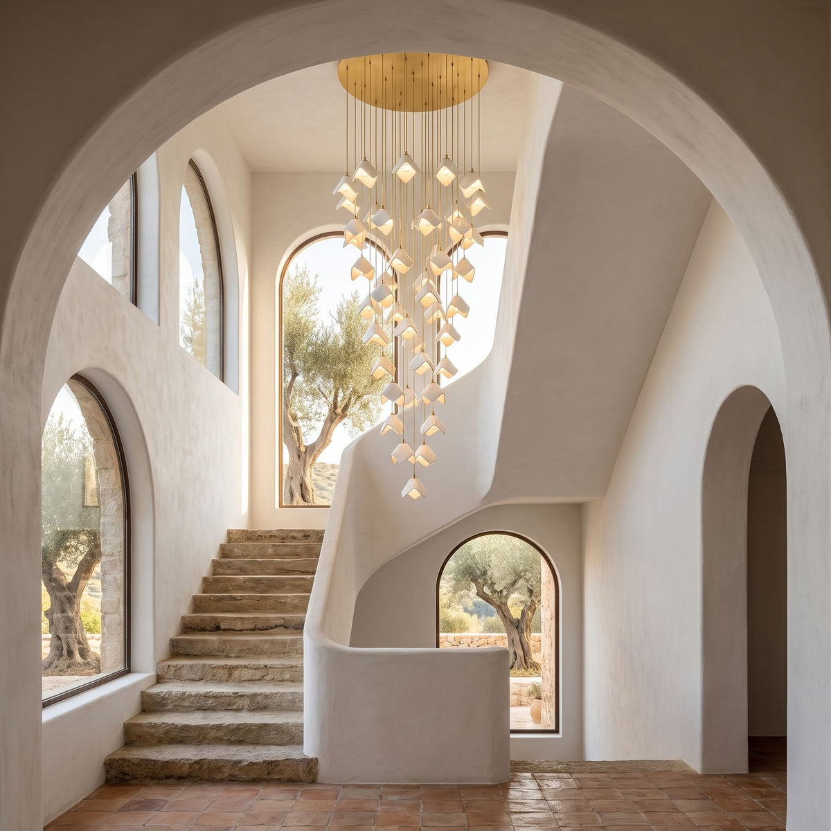 Folded Ceramic Petal Cluster Chandelier, 40 lights, triple-height stairwell