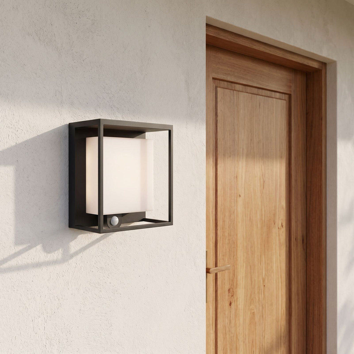 Framed Acrylic Solar Sensor Outdoor Wall Light beside a timber front door