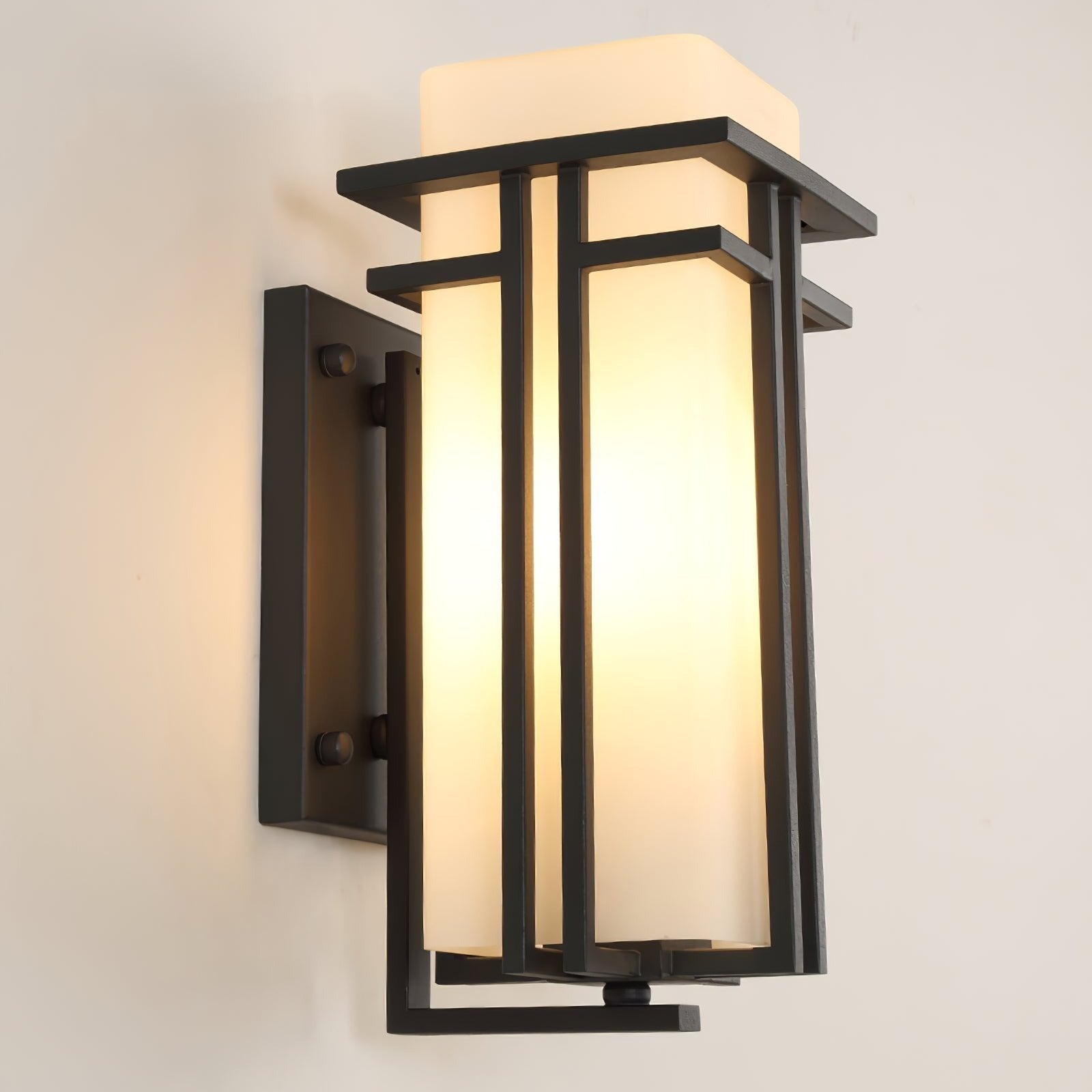 Black iron prairie wall lantern with frosted glass shade