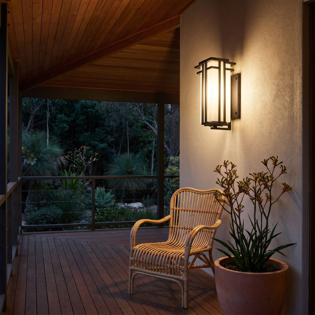 Frosted Glass Prairie Outdoor Wall Lantern on a covered verandah