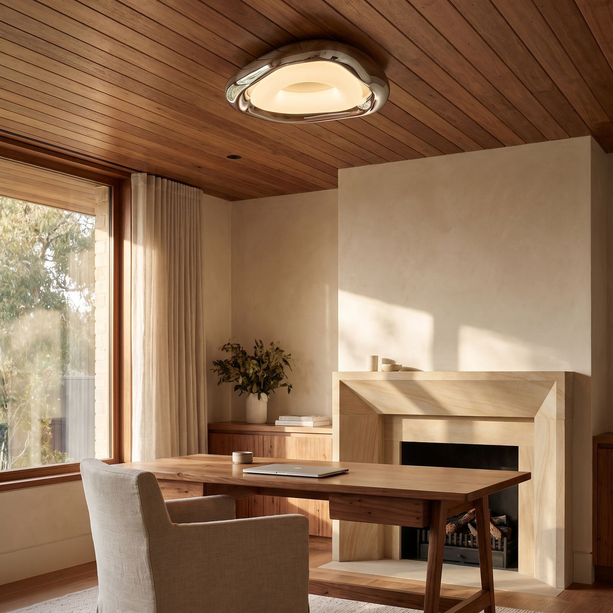 Geometric Bauhaus Iron LED Ceiling Light on a study ceiling