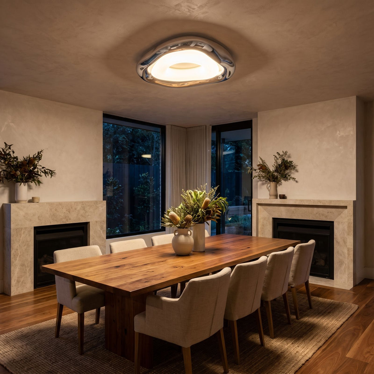 Geometric Bauhaus Iron LED Ceiling Light above a dining area