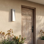 Geometric Layered Metal Outdoor Wall Light beside a timber front door