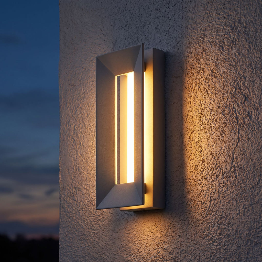 Geometric Layered Metal Outdoor Wall Light on a porch wall at dusk