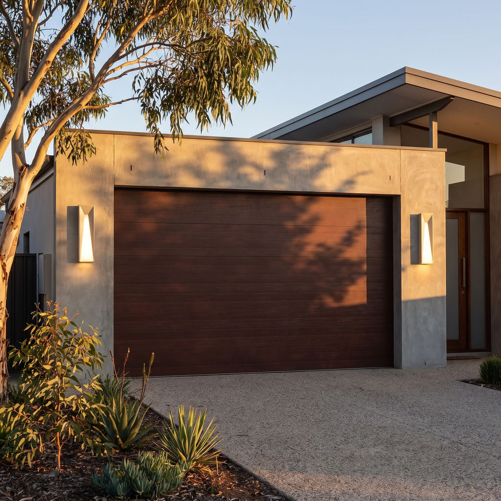 Geometric Layered Metal Outdoor Wall Light in a pair on the facade of an Australian home