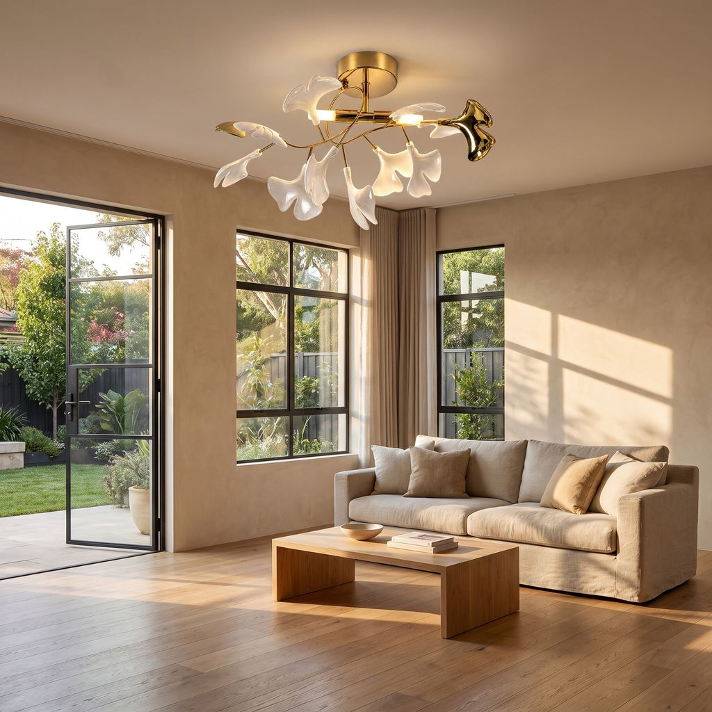 Ginkgo Leaf Branch Semi-Flush Ceiling Light in an open-plan living area, wide view