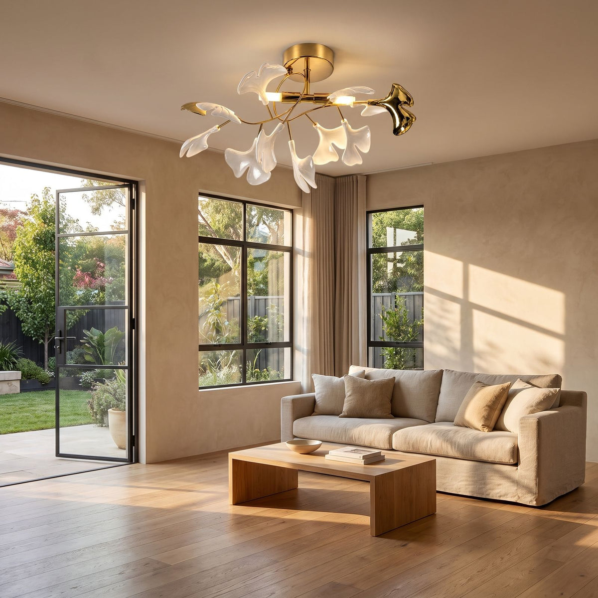 Ginkgo Leaf Branch Semi-Flush Ceiling Light in an open-plan living area, wide view