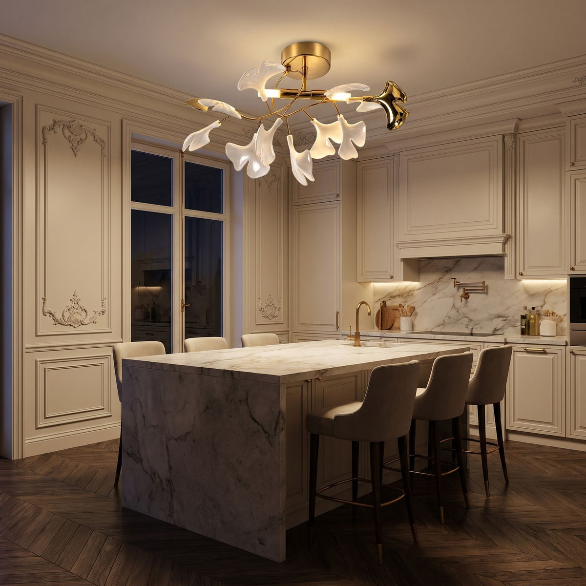 Ginkgo Leaf Branch Semi-Flush Ceiling Light above a kitchen island at night