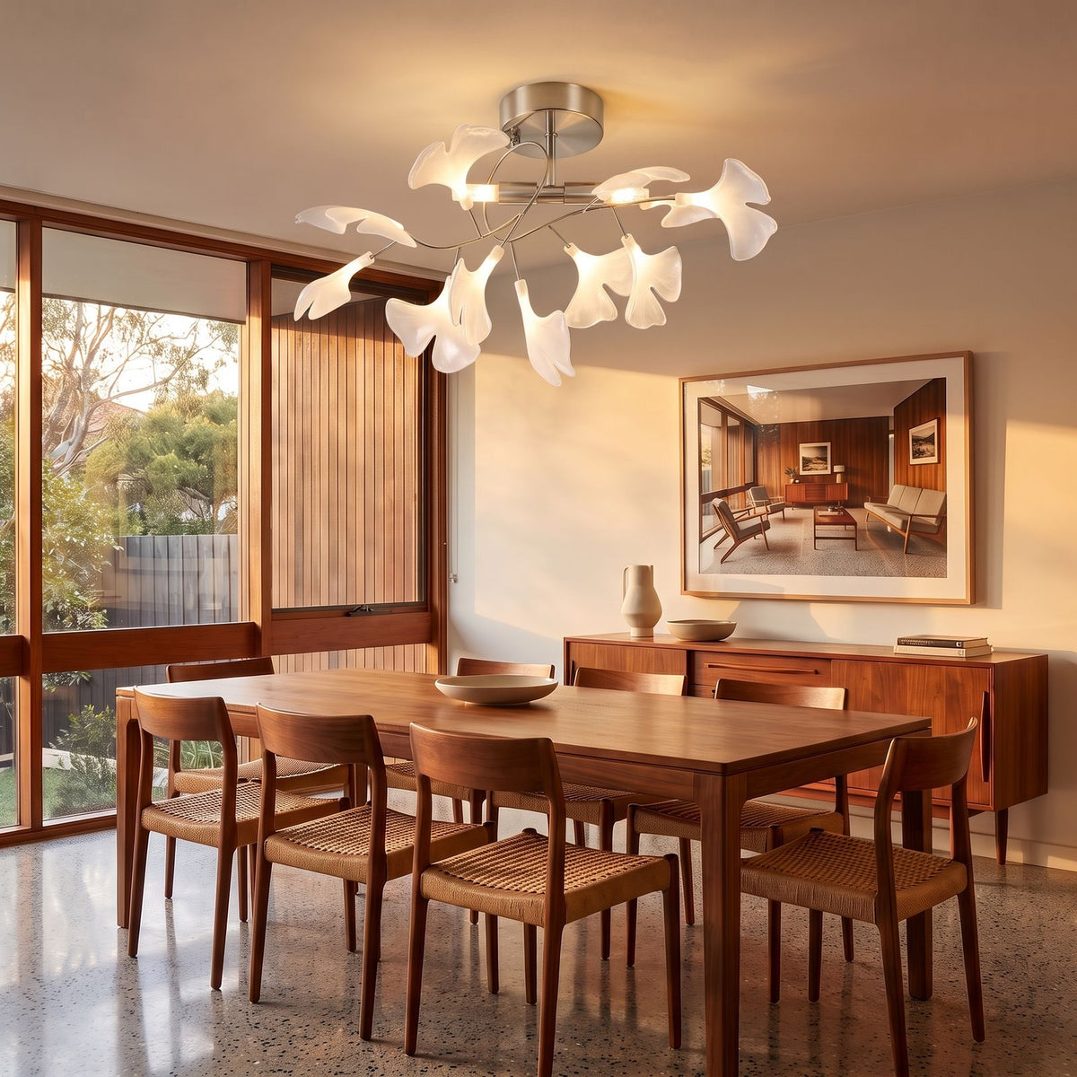 Ginkgo Leaf Branch Semi-Flush Ceiling Light in nickel with white leaves, above a dining table